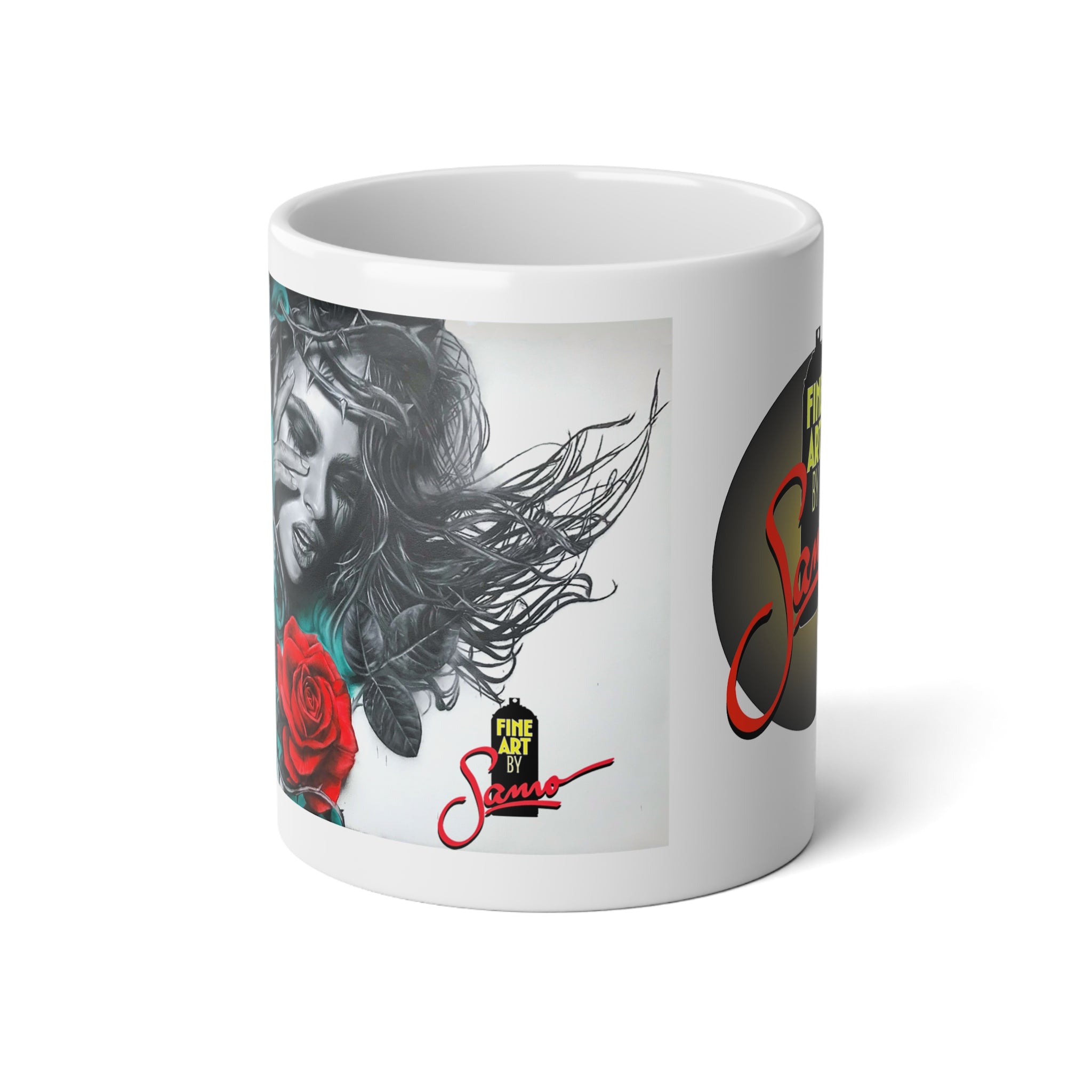 Woman with Red Rose spray paint mural by Samo Jumbo Mug | 20oz Ceramic Coffee Cup