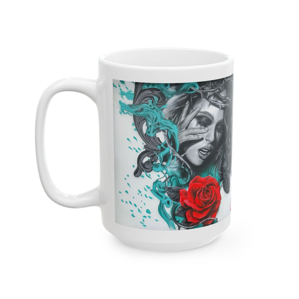 Woman with Rose spray paint mural by Samo Mug | Gothic Ceramic Coffee Cup